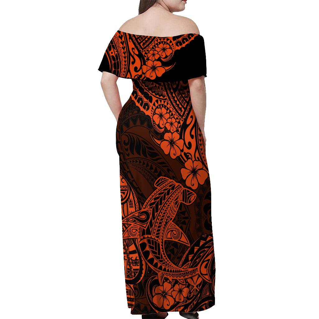 Hawaii Shark Off Shoulder Maxi Dress Polynesian Pattern Orange Version LT01 - Polynesian Pride