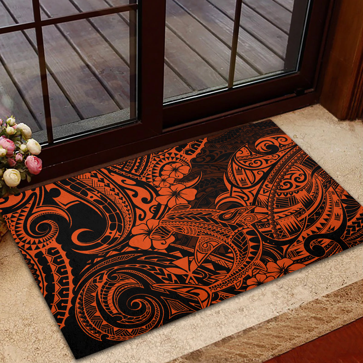 Hawaii Shark Rubber Doormat Polynesian Pattern Orange Version LT01 - Polynesian Pride