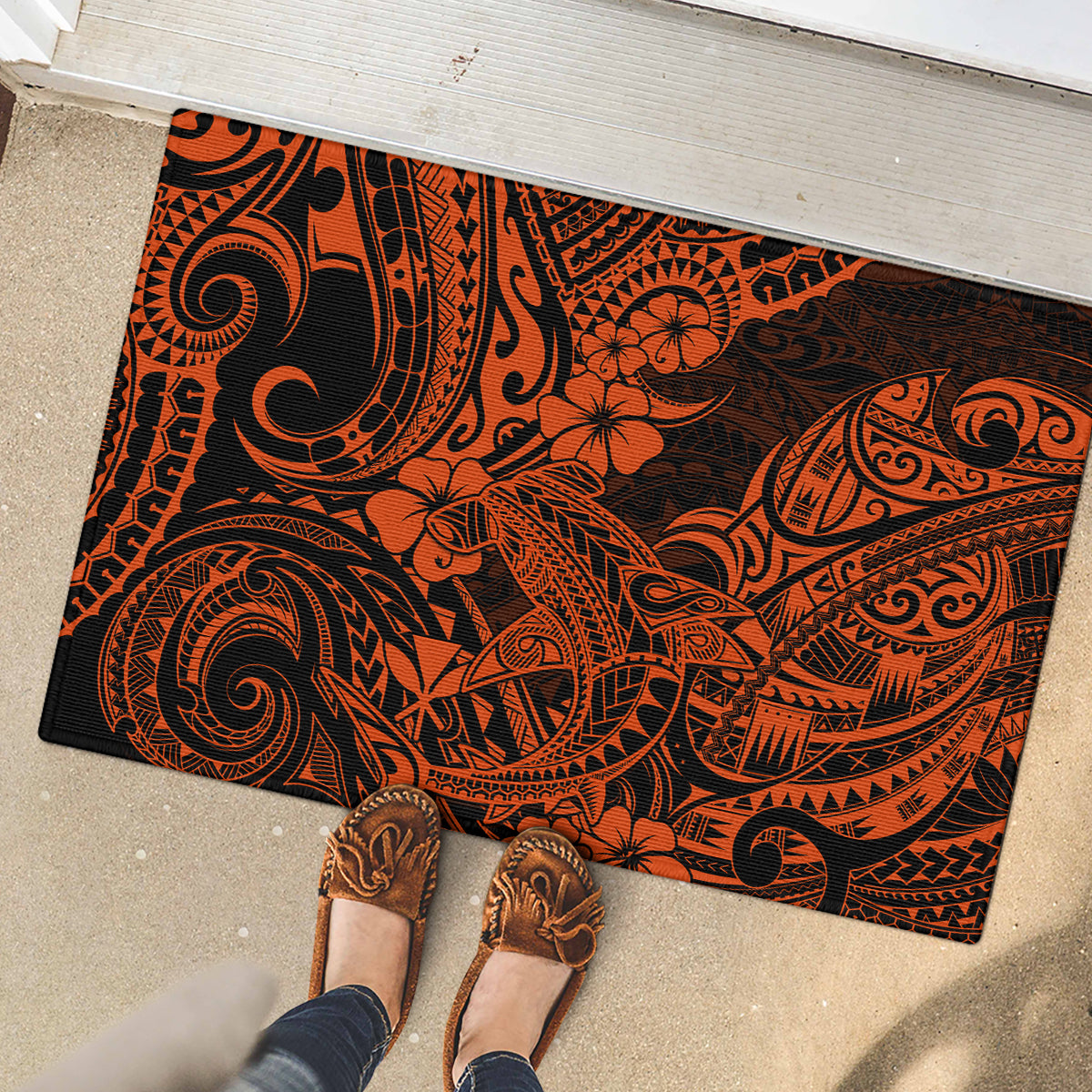 Hawaii Shark Rubber Doormat Polynesian Pattern Orange Version LT01 - Polynesian Pride