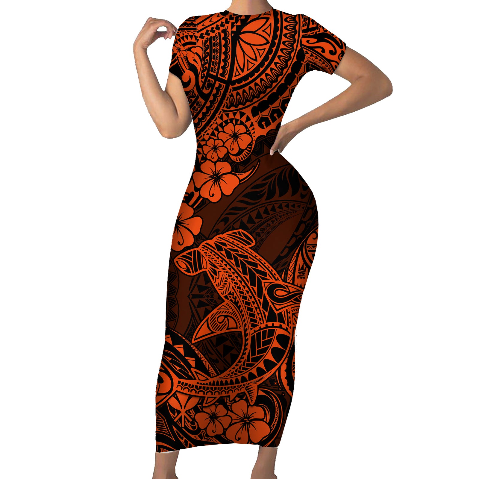Hawaii Shark Short Sleeve Bodycon Dress Polynesian Pattern Orange Version LT01 Long Dress Orange - Polynesian Pride