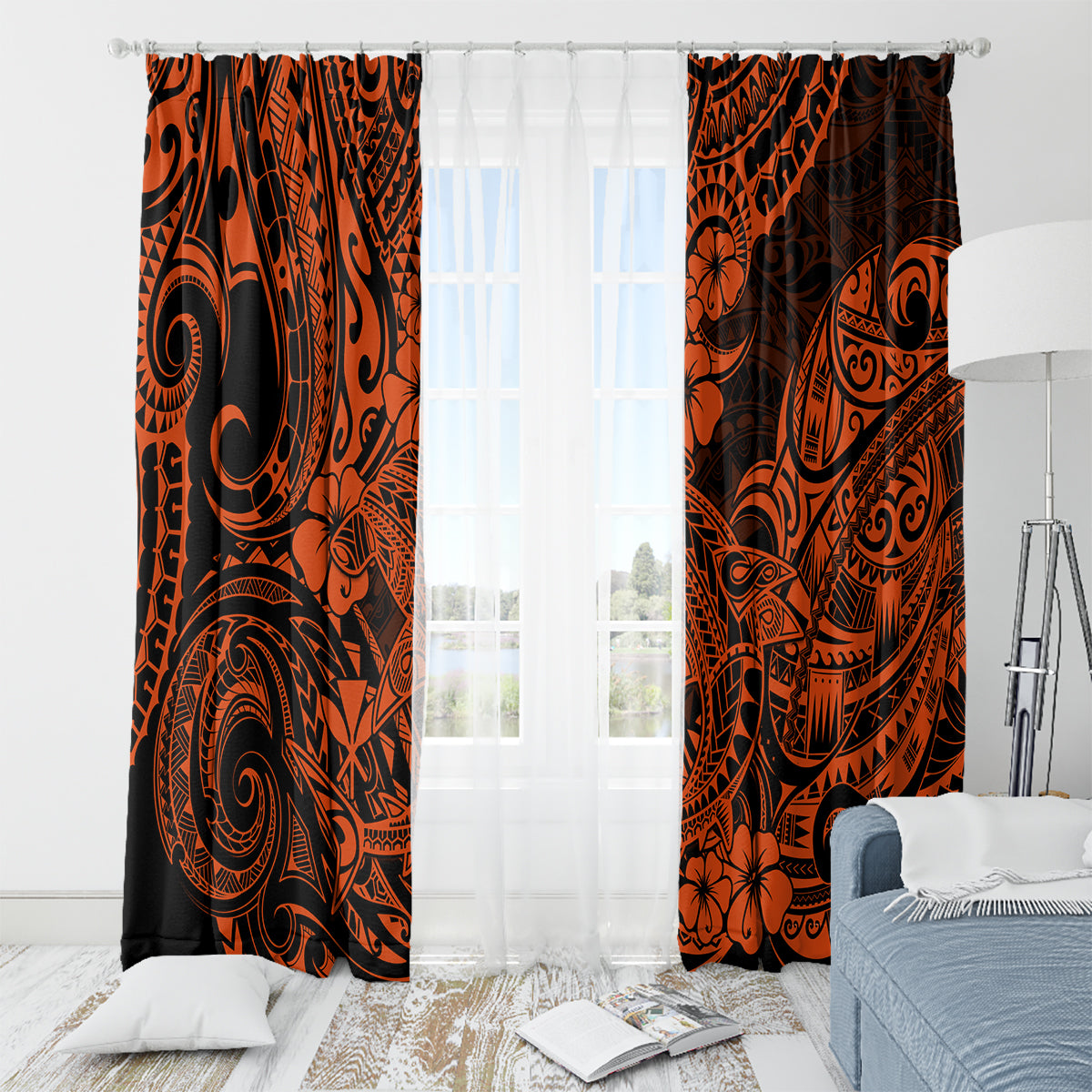 Hawaii Shark Window Curtain Polynesian Pattern Orange Version LT01 - Polynesian Pride