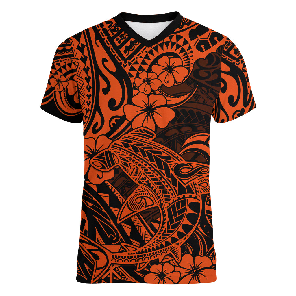 Hawaii Shark Women V Neck T Shirt Polynesian Pattern Orange Version LT01 Female Orange - Polynesian Pride