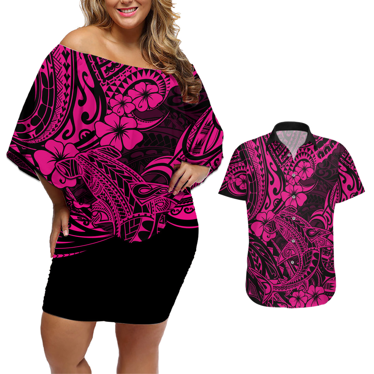 Hawaii Shark Couples Matching Off Shoulder Short Dress and Hawaiian Shirt Polynesian Pattern Pink Version LT01 Pink - Polynesian Pride