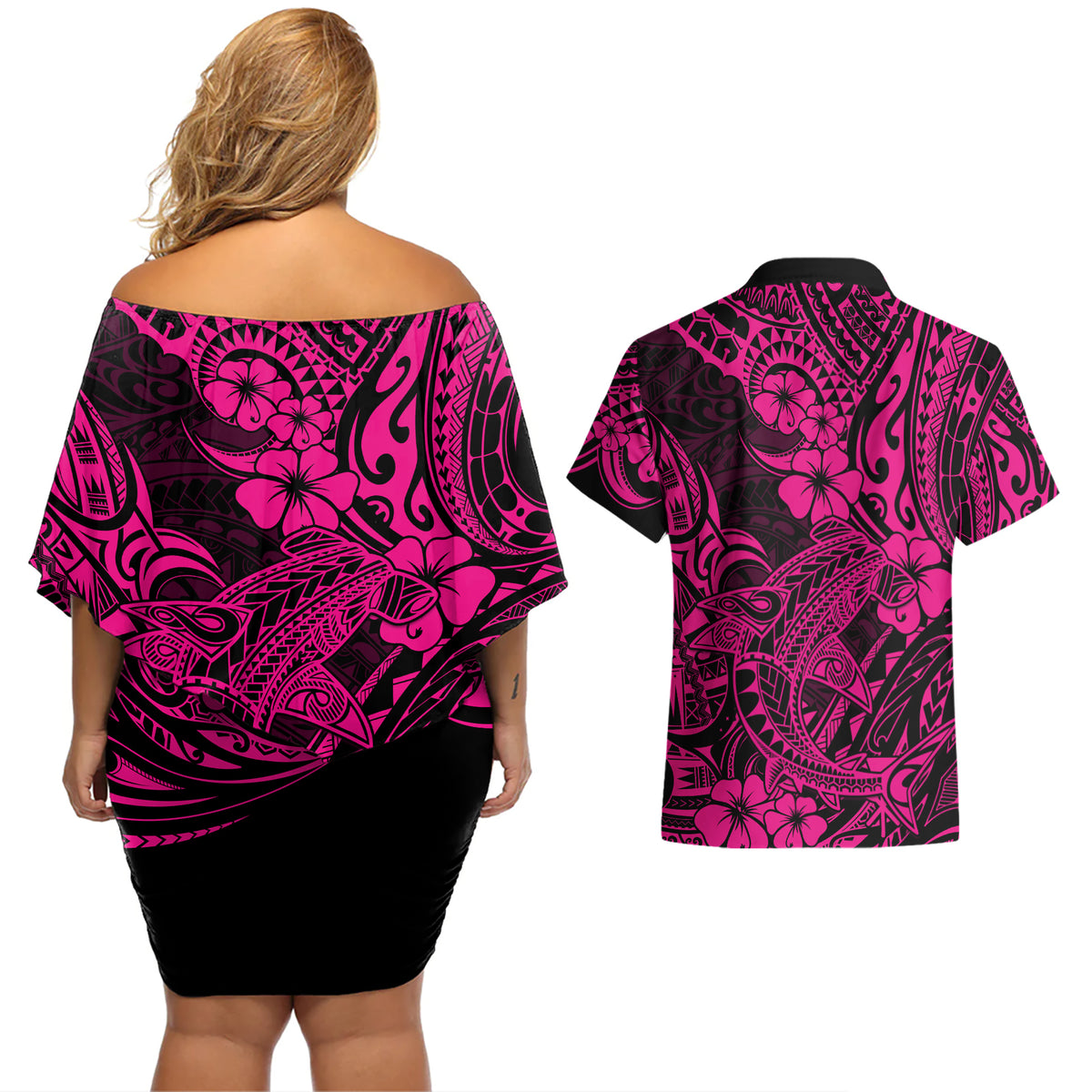 Hawaii Shark Couples Matching Off Shoulder Short Dress and Hawaiian Shirt Polynesian Pattern Pink Version LT01 - Polynesian Pride