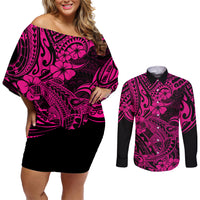 Hawaii Shark Couples Matching Off Shoulder Short Dress and Long Sleeve Button Shirts Polynesian Pattern Pink Version LT01 Pink - Polynesian Pride