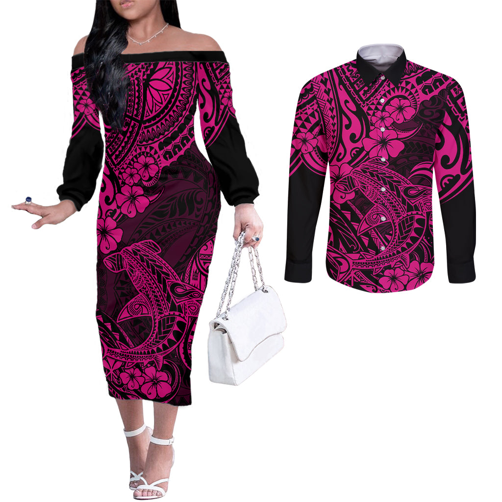 Hawaii Shark Couples Matching Off The Shoulder Long Sleeve Dress and Long Sleeve Button Shirts Polynesian Pattern Pink Version LT01 Pink - Polynesian Pride