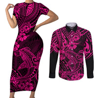 Hawaii Shark Couples Matching Short Sleeve Bodycon Dress and Long Sleeve Button Shirts Polynesian Pattern Pink Version LT01 Pink - Polynesian Pride