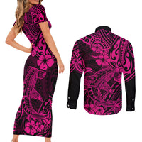 Hawaii Shark Couples Matching Short Sleeve Bodycon Dress and Long Sleeve Button Shirts Polynesian Pattern Pink Version LT01 - Polynesian Pride