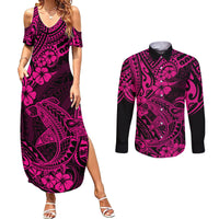 Hawaii Shark Couples Matching Summer Maxi Dress and Long Sleeve Button Shirts Polynesian Pattern Pink Version LT01 Pink - Polynesian Pride
