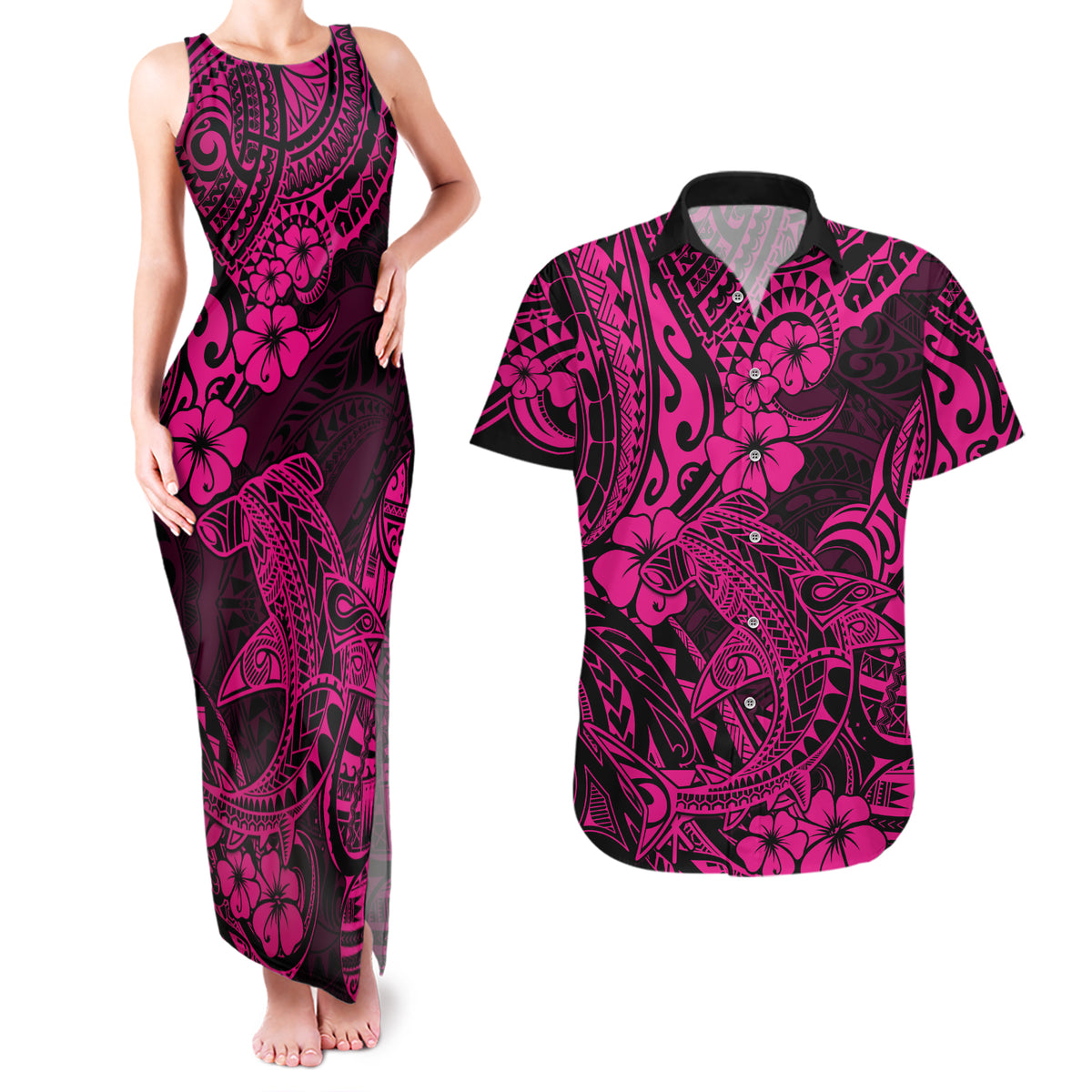 Hawaii Shark Couples Matching Tank Maxi Dress and Hawaiian Shirt Polynesian Pattern Pink Version LT01 Pink - Polynesian Pride
