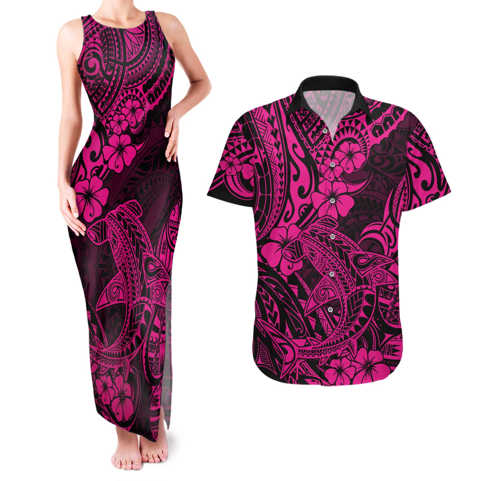 Hawaii Shark Couples Matching Tank Maxi Dress and Hawaiian Shirt Polynesian Pattern Pink Version LT01 Pink - Polynesian Pride