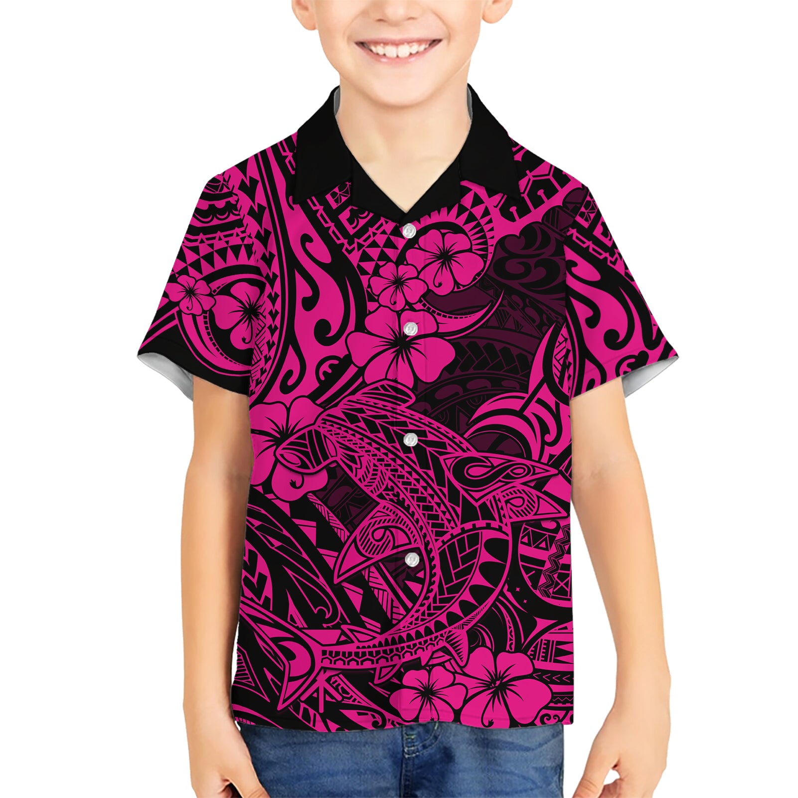 Hawaii Shark Kid Hawaiian Shirt Polynesian Pattern Pink Version LT01 Kid Pink - Polynesian Pride