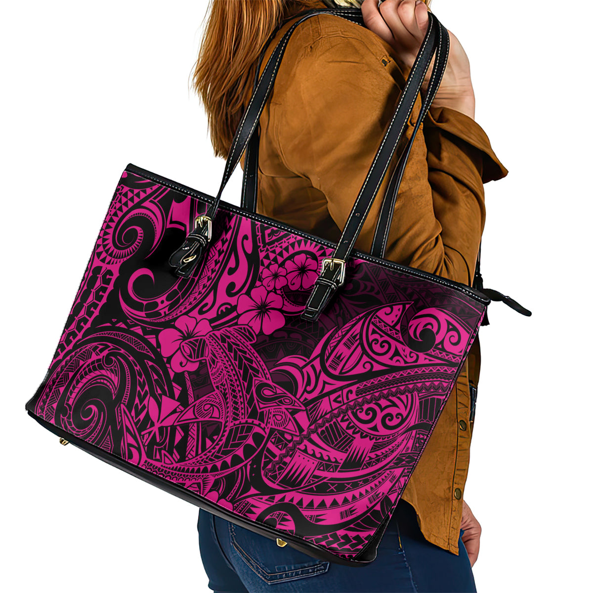 Hawaii Shark Leather Tote Bag Polynesian Pattern Pink Version LT01 - Polynesian Pride