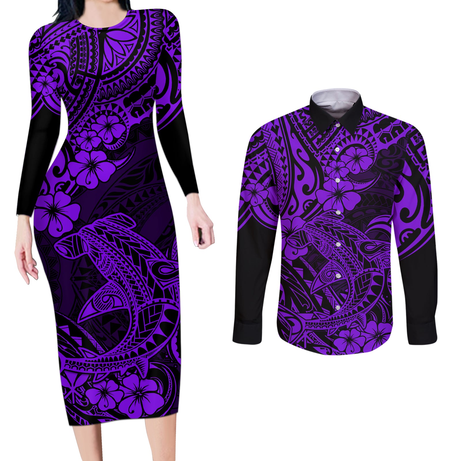 Hawaii Shark Couples Matching Long Sleeve Bodycon Dress and Long Sleeve Button Shirts Polynesian Pattern Purple Version LT01 Purple - Polynesian Pride