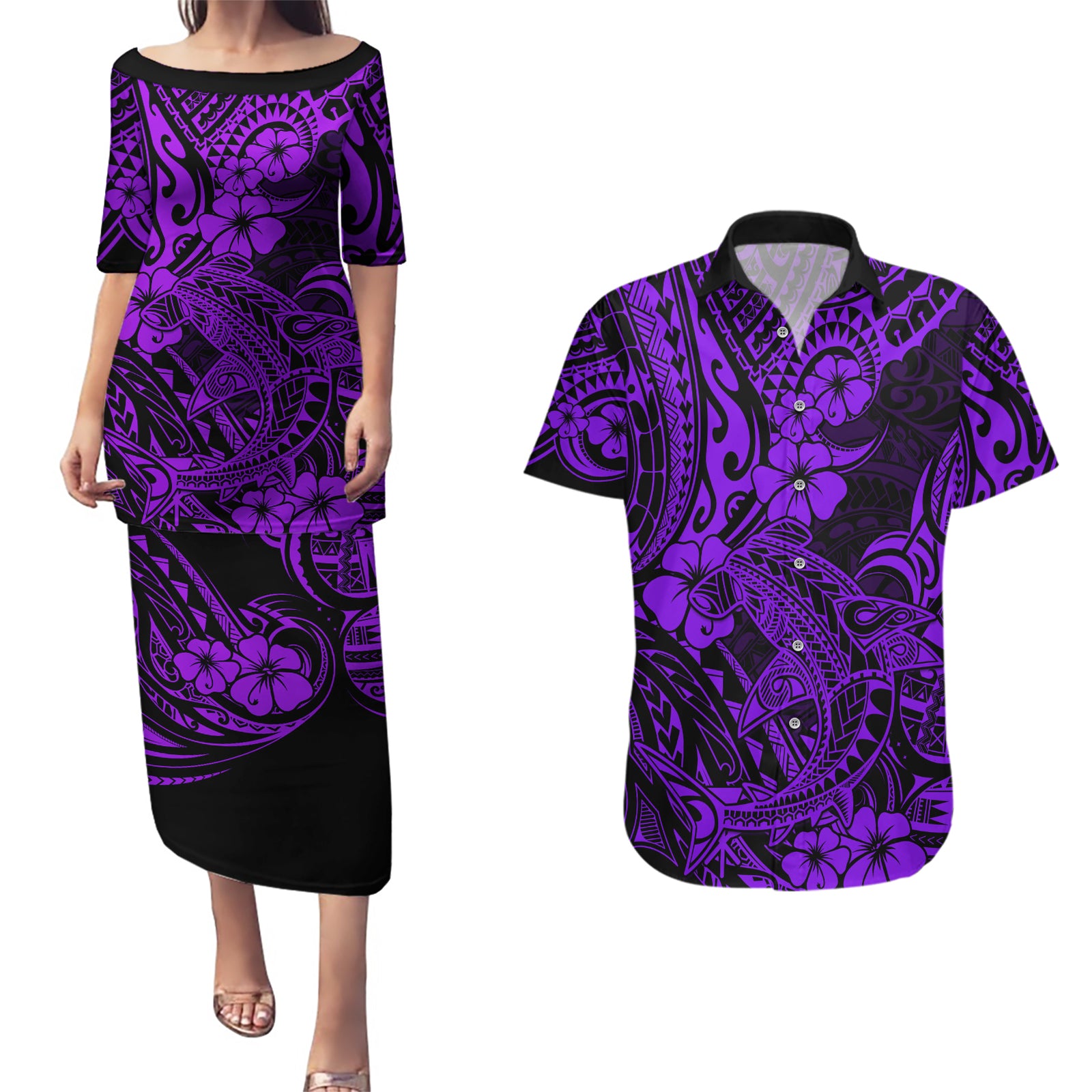 Hawaii Shark Couples Matching Puletasi Dress and Hawaiian Shirt Polynesian Pattern Purple Version LT01 Purple - Polynesian Pride