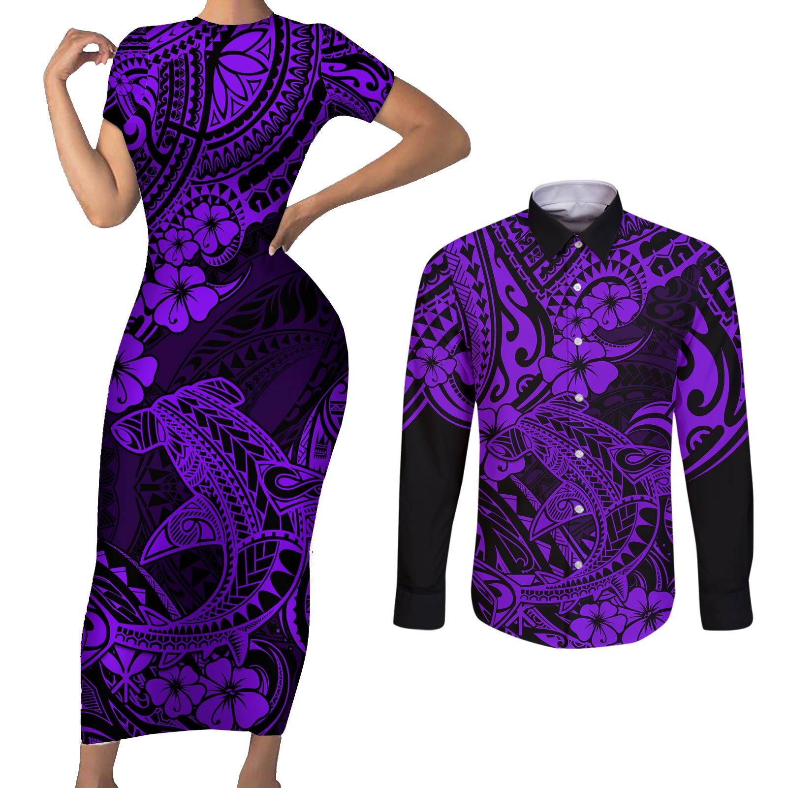 Hawaii Shark Couples Matching Short Sleeve Bodycon Dress and Long Sleeve Button Shirts Polynesian Pattern Purple Version LT01 Purple - Polynesian Pride