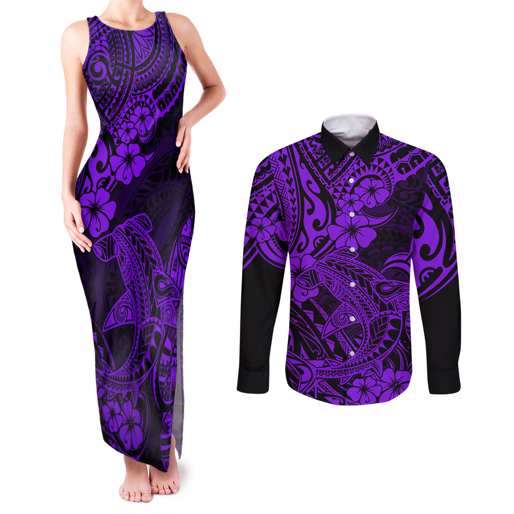 Hawaii Shark Couples Matching Tank Maxi Dress and Long Sleeve Button Shirts Polynesian Pattern Purple Version LT01 Purple - Polynesian Pride