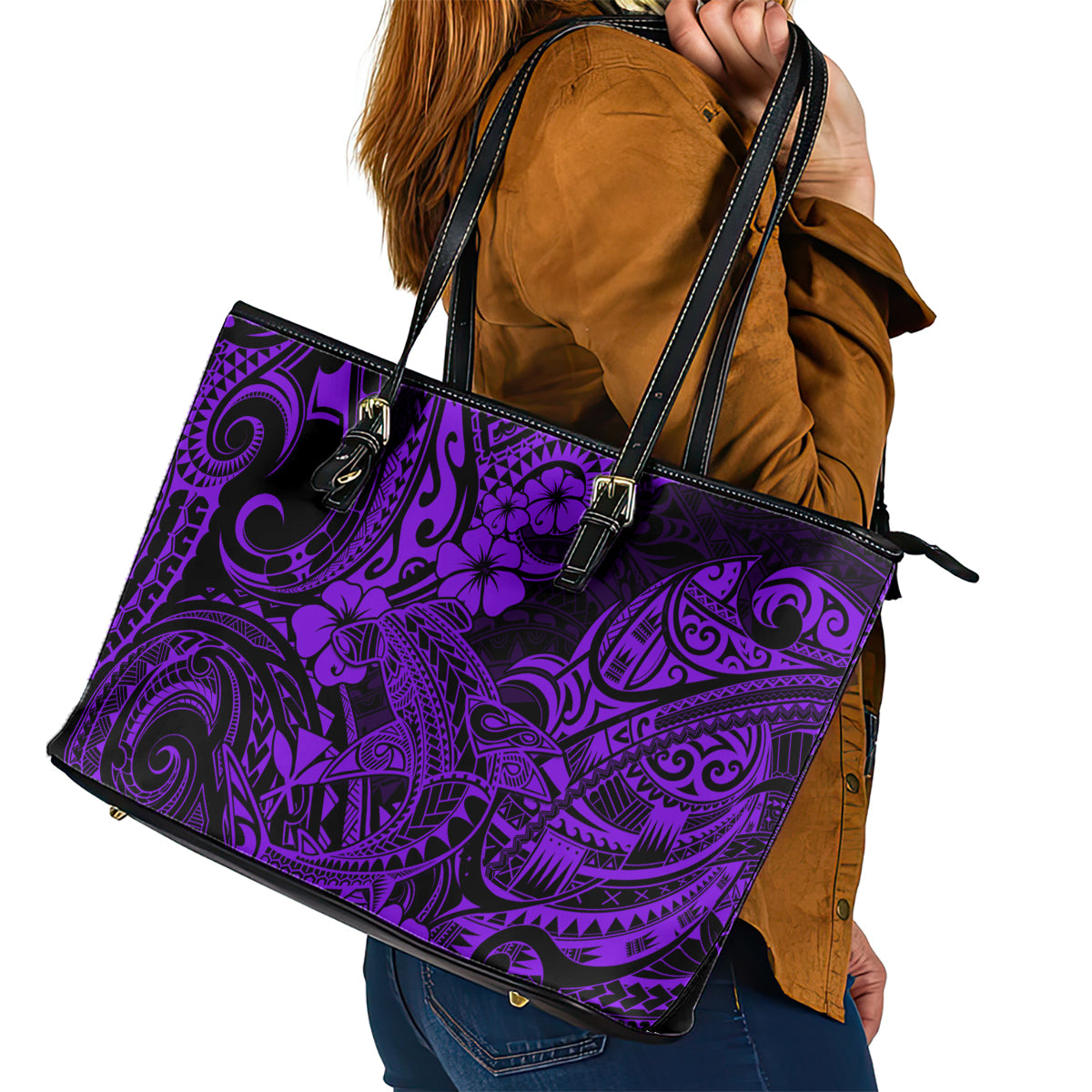 Hawaii Shark Leather Tote Bag Polynesian Pattern Purple Version LT01 - Polynesian Pride