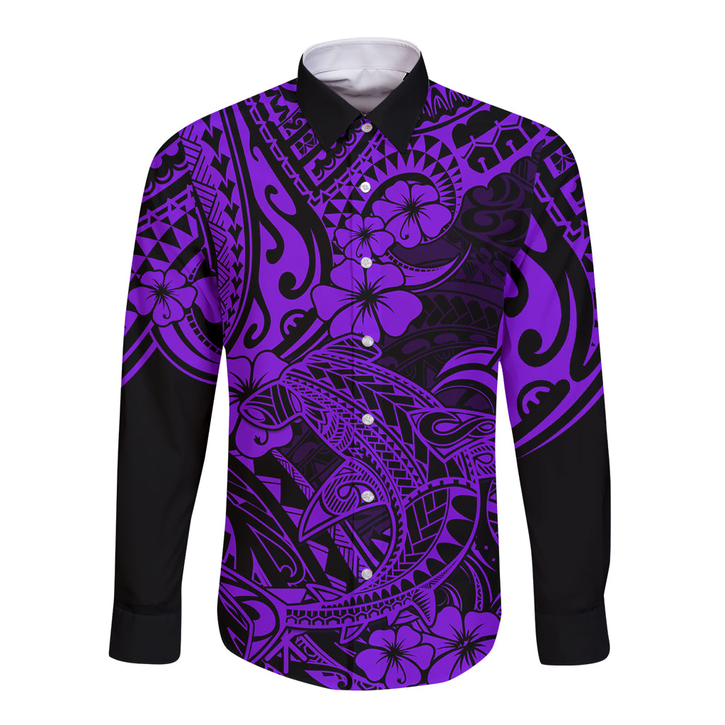 Hawaii Shark Long Sleeve Button Shirt Polynesian Pattern Purple Version LT01 Unisex Purple - Polynesian Pride