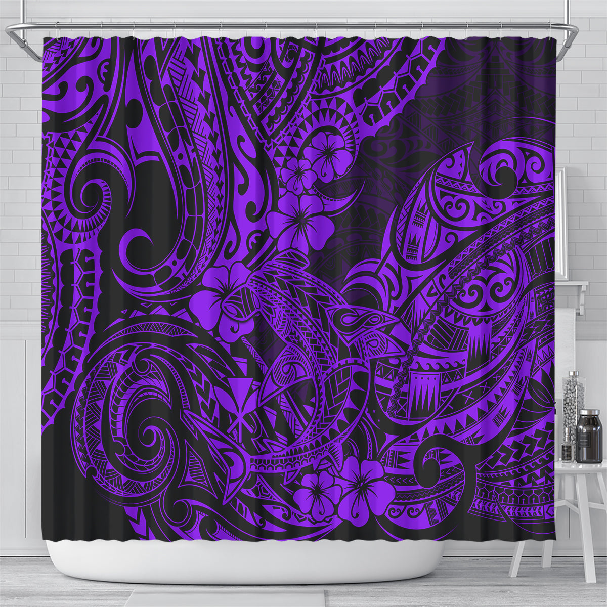 Hawaii Shark Shower Curtain Polynesian Pattern Purple Version LT01 - Polynesian Pride