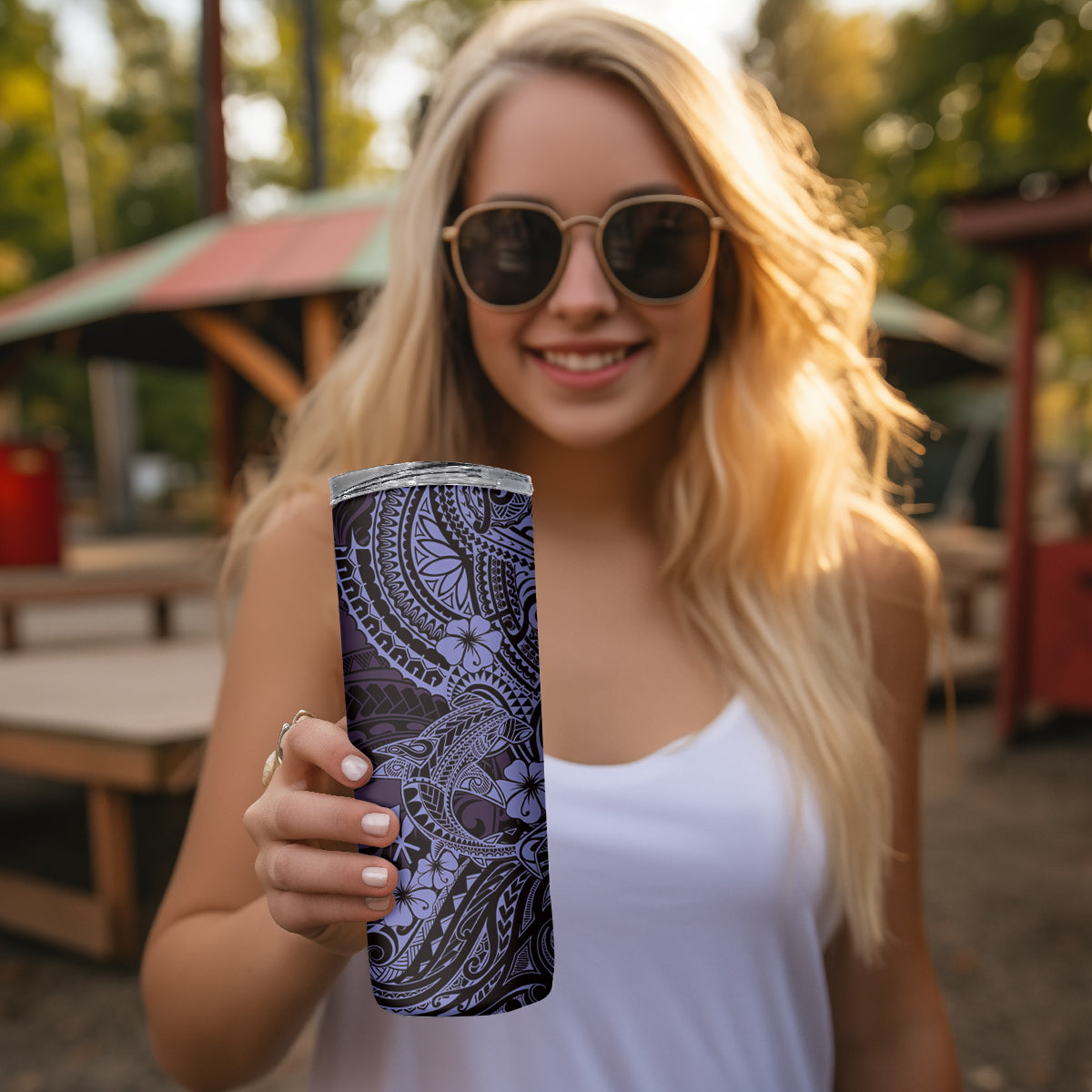 Hawaii Shark Skinny Tumbler Polynesian Pattern Purple Version