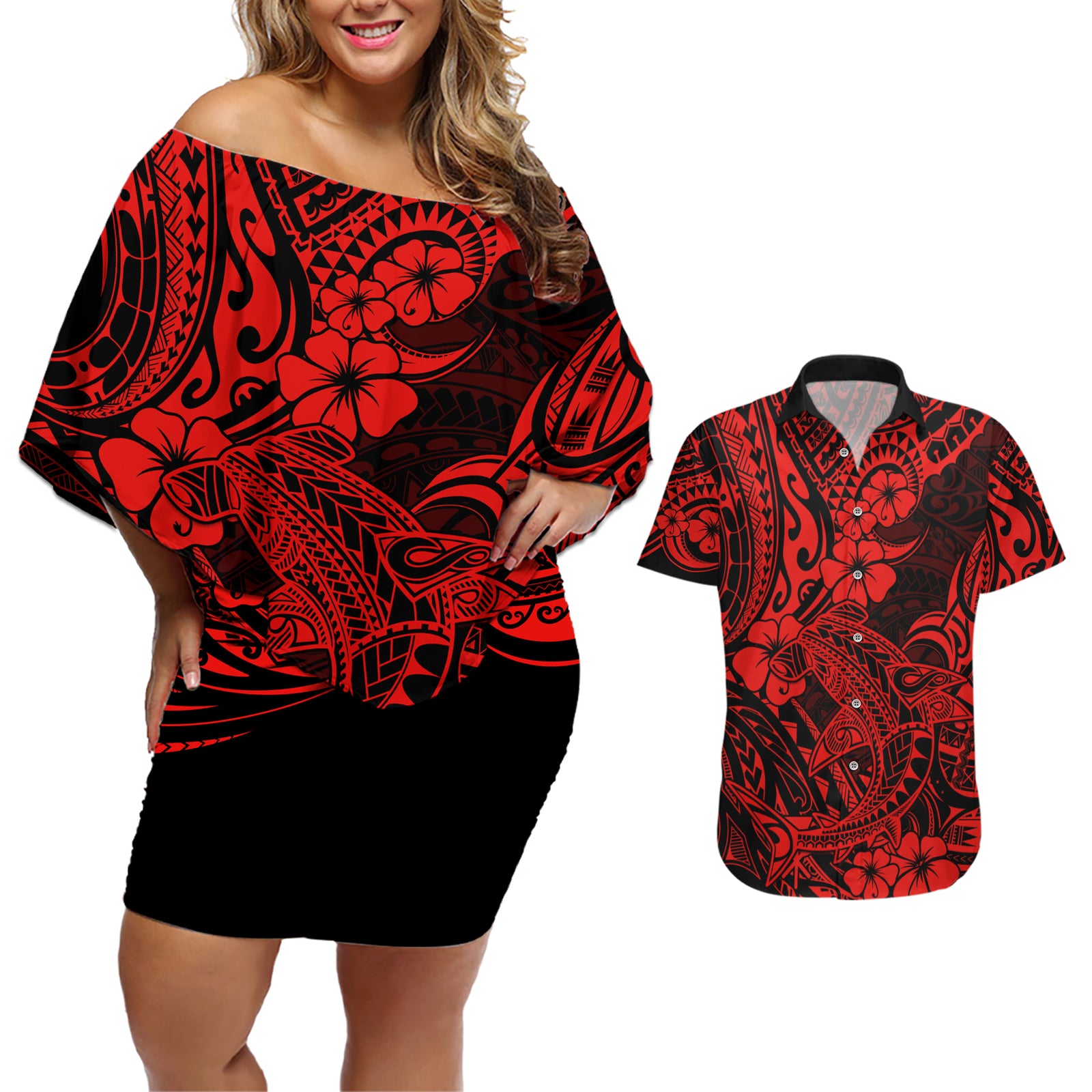 Hawaii Shark Couples Matching Off Shoulder Short Dress and Hawaiian Shirt Polynesian Pattern Red Version LT01 Red - Polynesian Pride