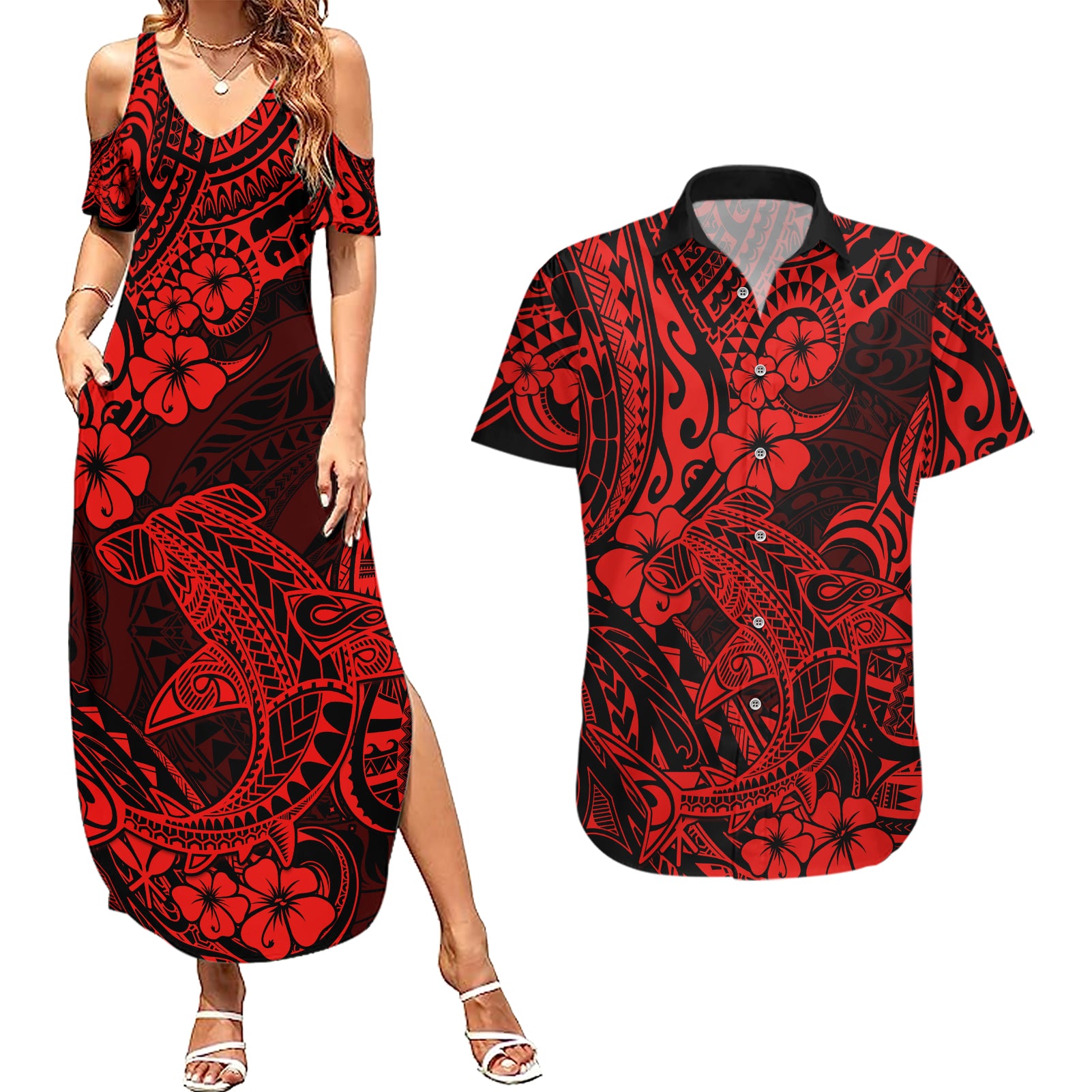Hawaii Shark Couples Matching Summer Maxi Dress and Hawaiian Shirt Polynesian Pattern Red Version LT01 Red - Polynesian Pride