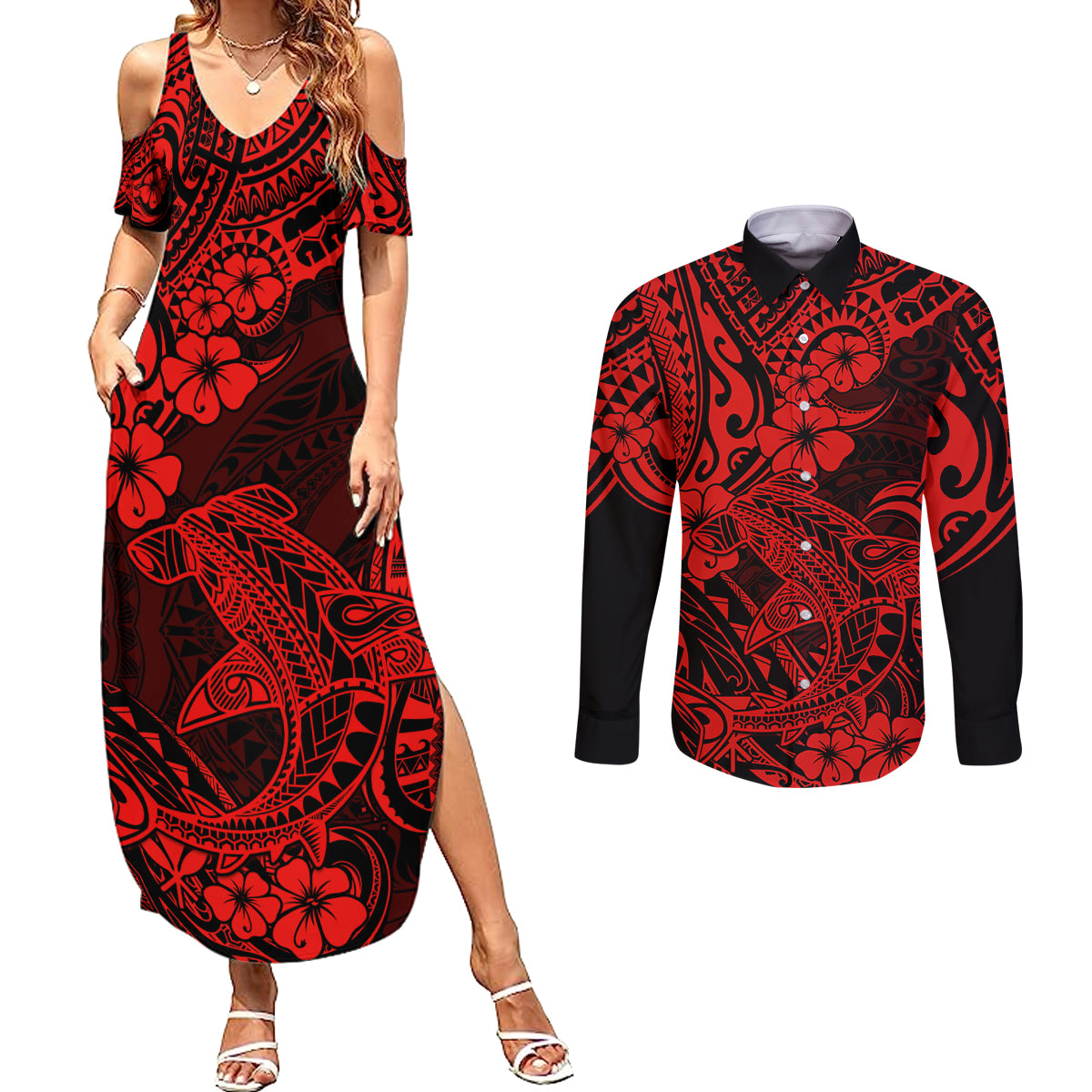 Hawaii Shark Couples Matching Summer Maxi Dress and Long Sleeve Button Shirts Polynesian Pattern Red Version LT01 Red - Polynesian Pride