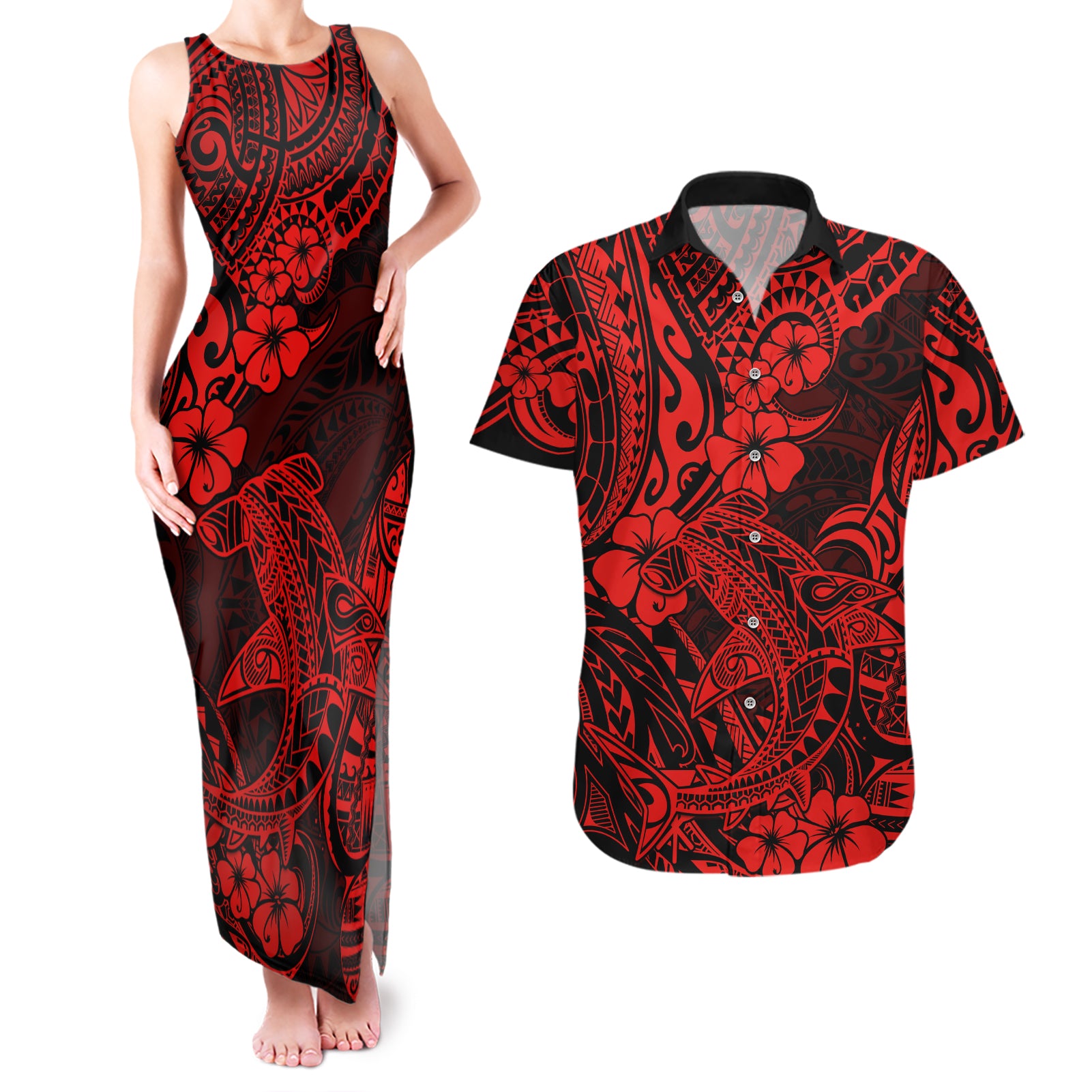 Hawaii Shark Couples Matching Tank Maxi Dress and Hawaiian Shirt Polynesian Pattern Red Version LT01 Red - Polynesian Pride
