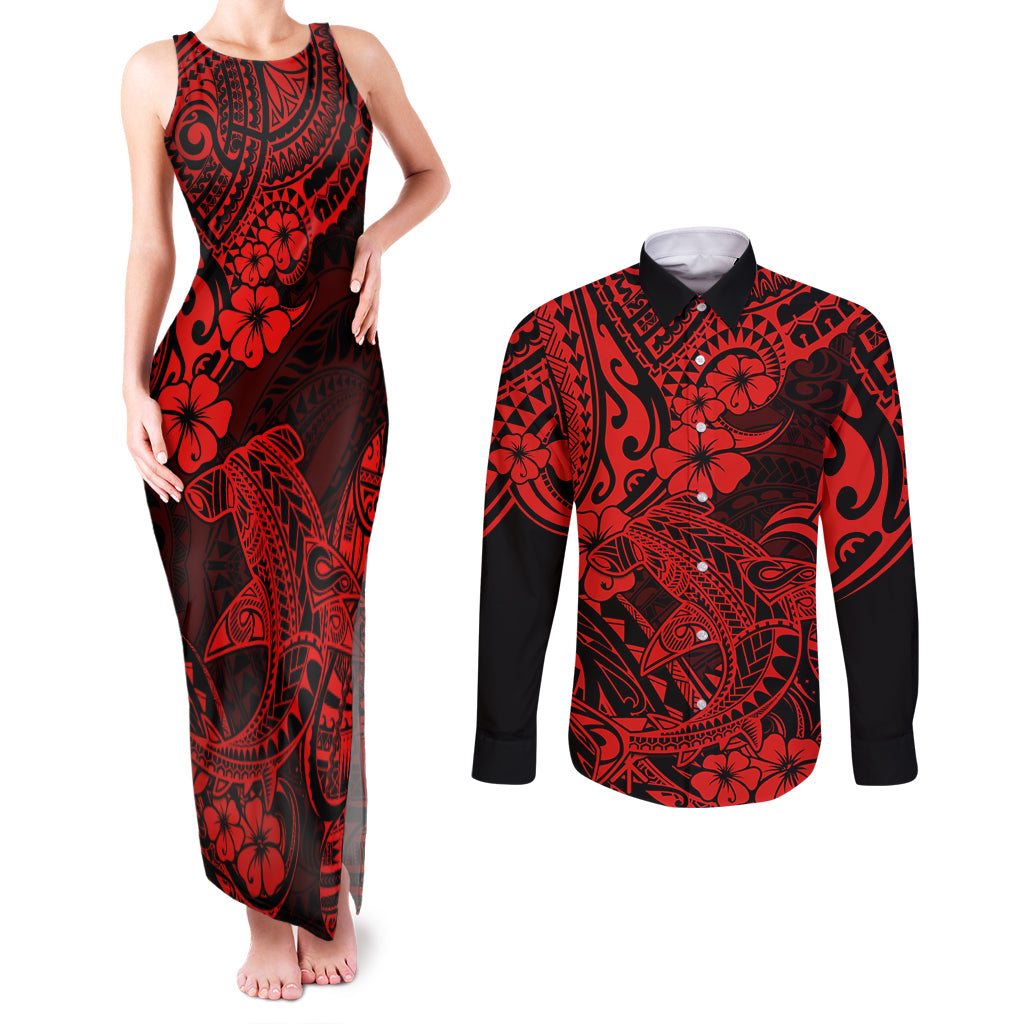 Hawaii Shark Couples Matching Tank Maxi Dress and Long Sleeve Button Shirts Polynesian Pattern Red Version LT01 Red - Polynesian Pride