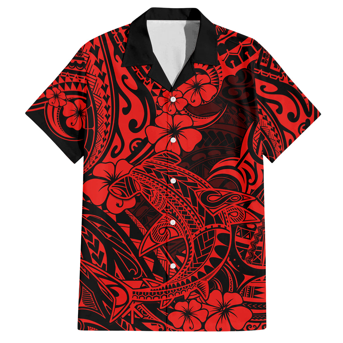 Hawaii Shark Family Matching Off Shoulder Long Sleeve Dress and Hawaiian Shirt Polynesian Pattern Red Version LT01 Dad's Shirt - Short Sleeve Red - Polynesian Pride