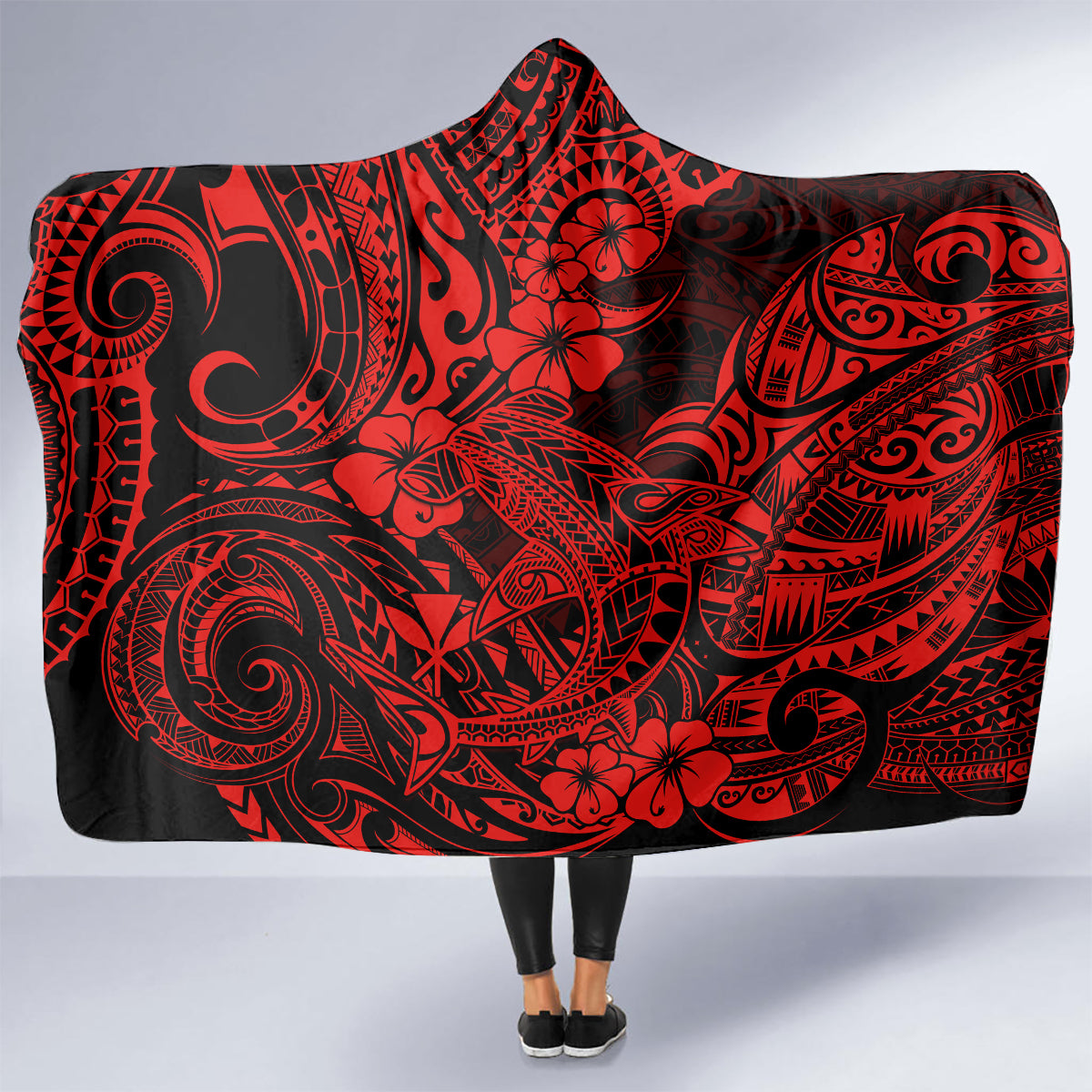 Hawaii Shark Hooded Blanket Polynesian Pattern Red Version LT01 - Polynesian Pride
