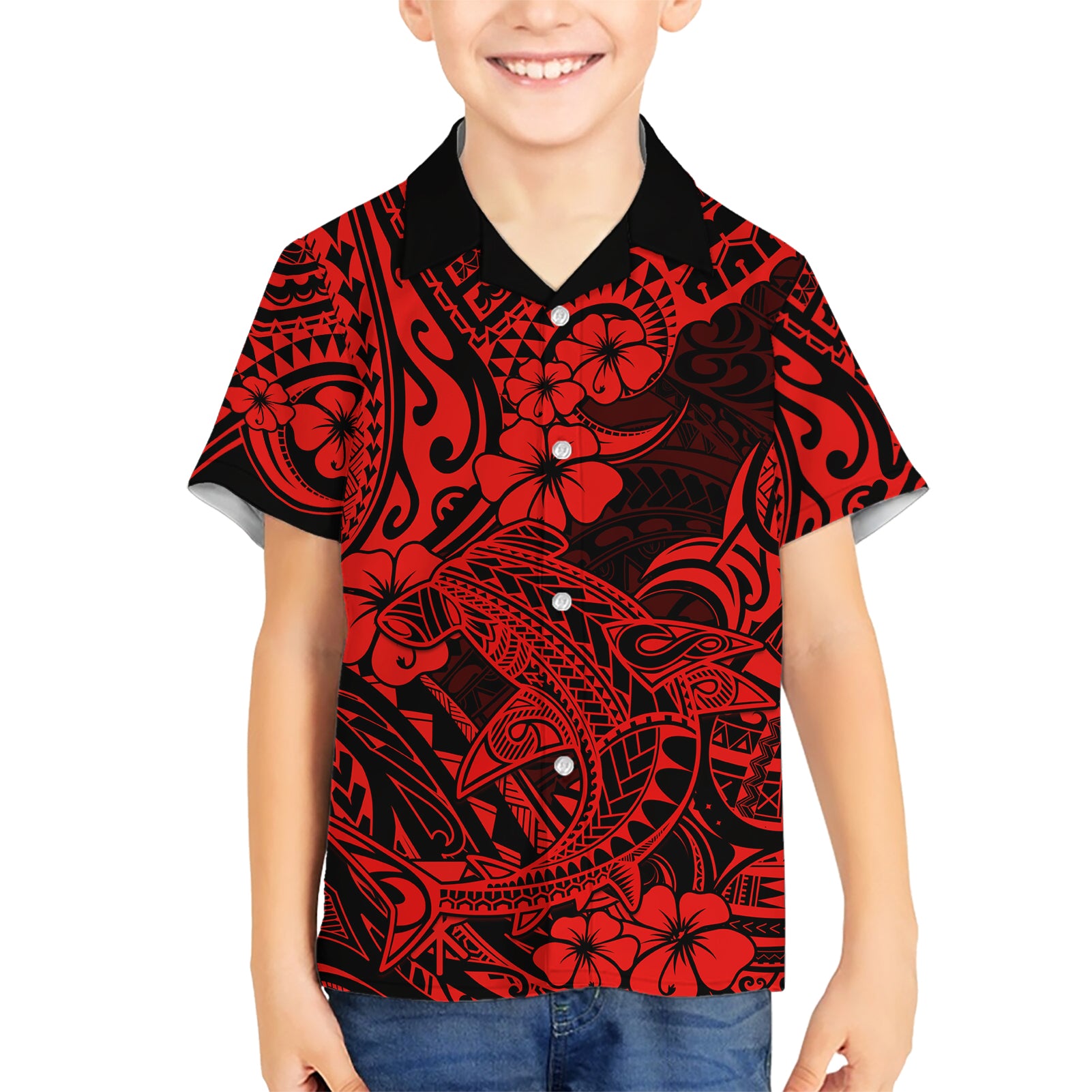 Hawaii Shark Kid Hawaiian Shirt Polynesian Pattern Red Version LT01 Kid Red - Polynesian Pride