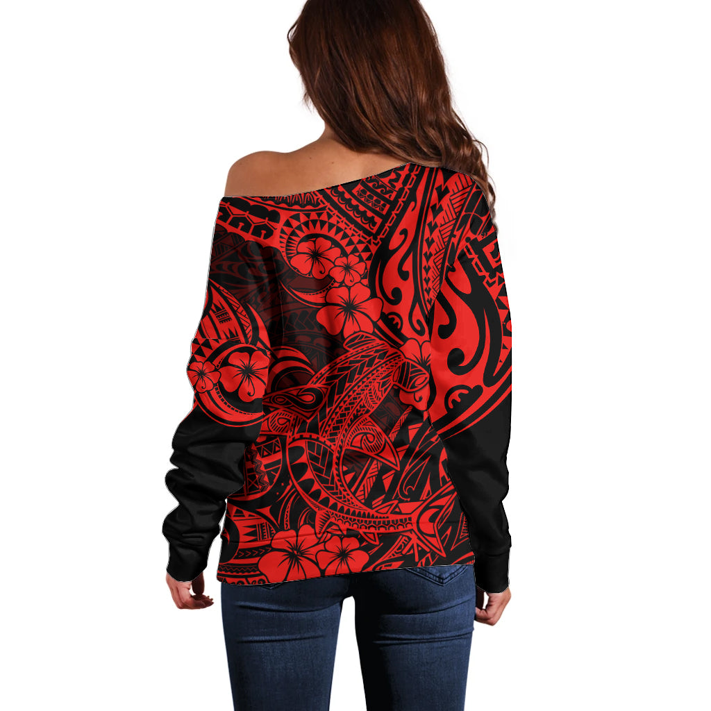 Hawaii Shark Off Shoulder Sweater Polynesian Pattern Red Version LT01 - Polynesian Pride