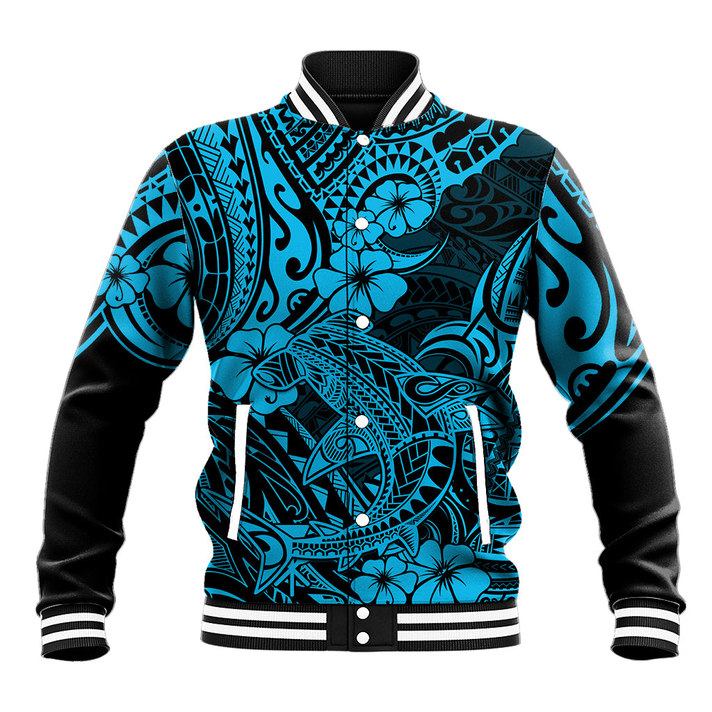 Hawaii Shark Baseball Jacket Polynesian Pattern Sky Blue Version LT01 Unisex Blue - Polynesian Pride