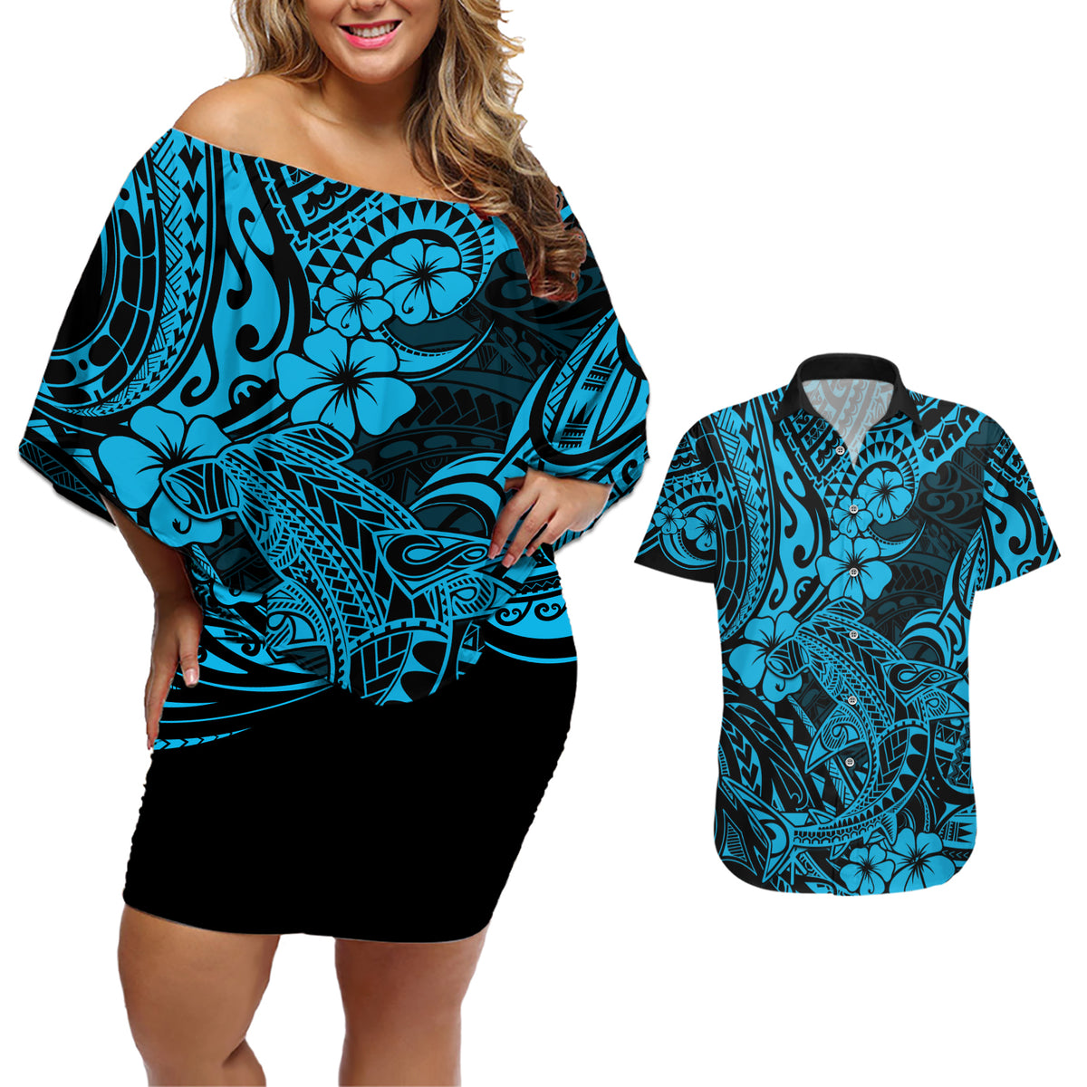 Hawaii Shark Couples Matching Off Shoulder Short Dress and Hawaiian Shirt Polynesian Pattern Sky Blue Version LT01 Blue - Polynesian Pride