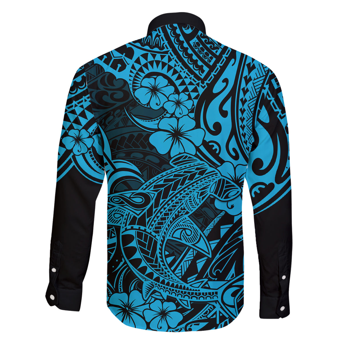 Hawaii Shark Family Matching Long Sleeve Bodycon Dress and Hawaiian Shirt Polynesian Pattern Sky Blue Version LT01 - Polynesian Pride