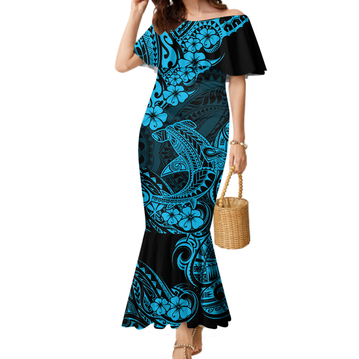Hawaii Shark Family Matching Mermaid Dress and Hawaiian Shirt Polynesian Pattern Sky Blue Version LT01 Mom's Dress Blue - Polynesian Pride