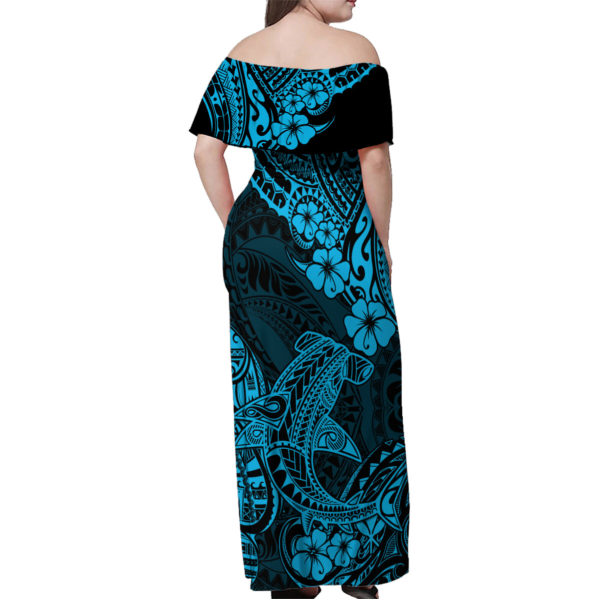 Hawaii Shark Family Matching Off Shoulder Maxi Dress and Hawaiian Shirt Polynesian Pattern Sky Blue Version LT01 - Polynesian Pride