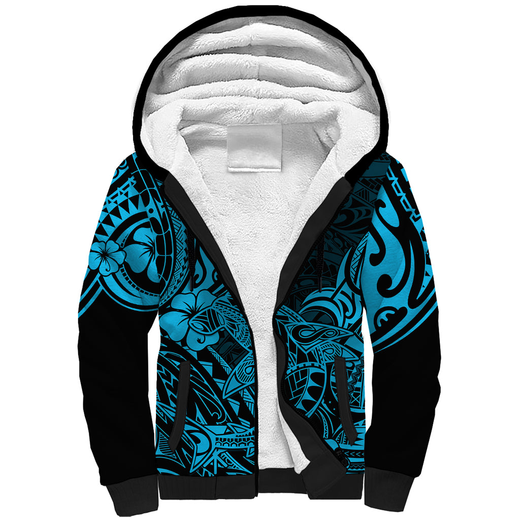 Hawaii Shark Sherpa Hoodie Polynesian Pattern Sky Blue Version LT01 Unisex Blue - Polynesian Pride
