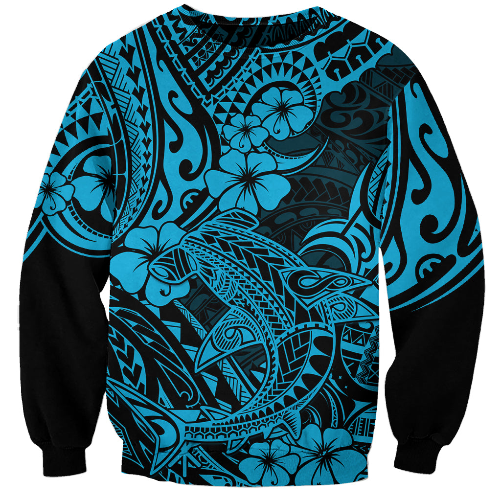 Hawaii Shark Sweatshirt Polynesian Pattern Sky Blue Version LT01 Unisex Blue - Polynesian Pride