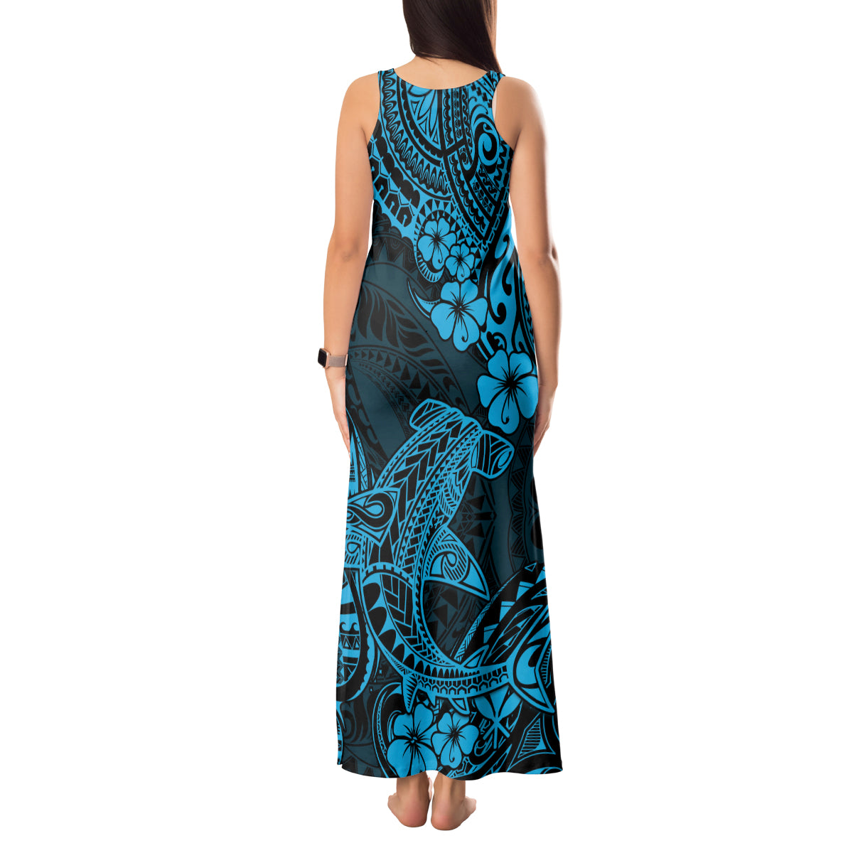 Hawaii Shark Tank Maxi Dress Polynesian Pattern Sky Blue Version LT01 - Polynesian Pride