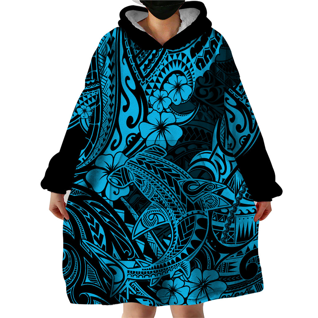 Hawaii Shark Wearable Blanket Hoodie Polynesian Pattern Sky Blue Version LT01 - Polynesian Pride