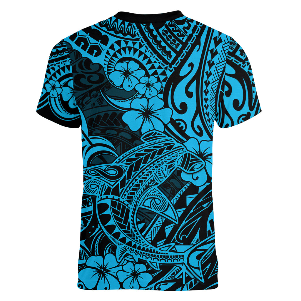 Hawaii Shark Women V Neck T Shirt Polynesian Pattern Sky Blue Version LT01 - Polynesian Pride