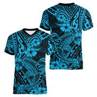 Hawaii Shark Women V Neck T Shirt Polynesian Pattern Sky Blue Version LT01 - Polynesian Pride