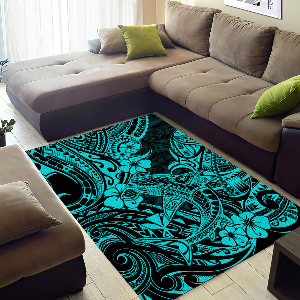 Hawaii Shark Area Rug Polynesian Pattern Turquoise Version LT01 - Polynesian Pride