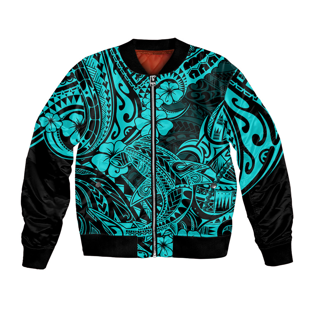 Hawaii Shark Bomber Jacket Polynesian Pattern Turquoise Version LT01 Unisex Turquoise - Polynesian Pride