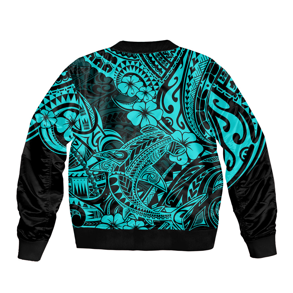 Hawaii Shark Bomber Jacket Polynesian Pattern Turquoise Version LT01 - Polynesian Pride