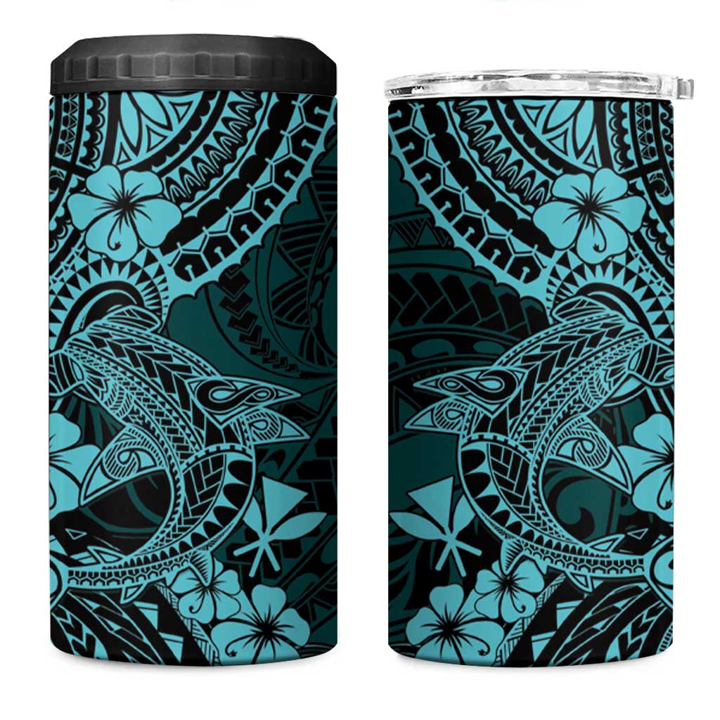 Hawaii Shark 4 in 1 Can Cooler Tumbler Polynesian Pattern Turquoise Version