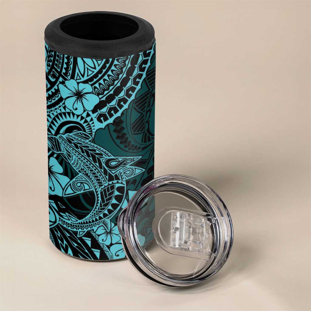 Hawaii Shark 4 in 1 Can Cooler Tumbler Polynesian Pattern Turquoise Version